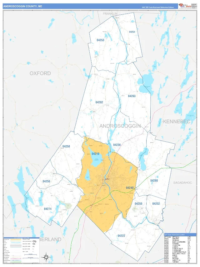 Androscoggin County, ME ZIP Code Wall Map, Business Reference style