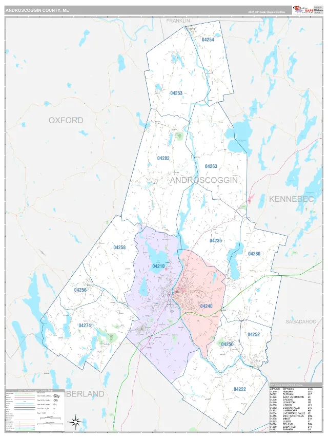 Androscoggin County, ME ZIP Code Wall Map, Classic style