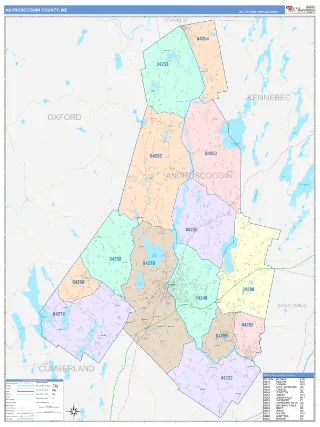 Androscoggin County, ME ColorCast style ZIP Code wall map