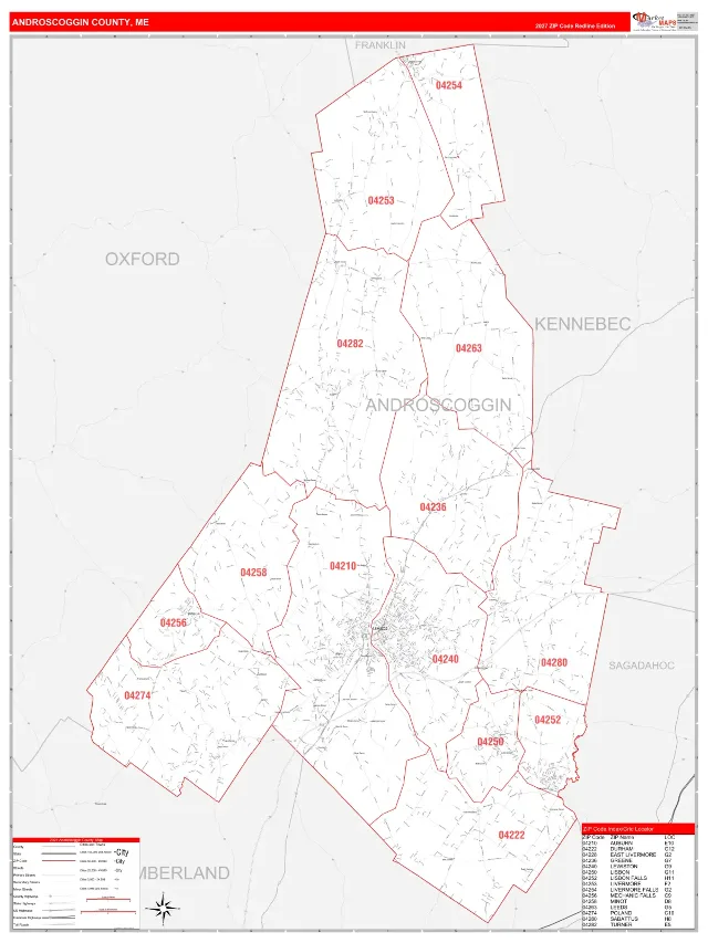 Androscoggin County, ME ZIP Code Wall Map, RedLine style