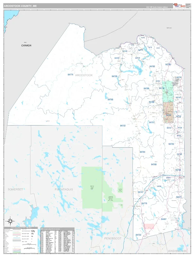 Aroostook County, ME ZIP Code Wall Map, Classic style