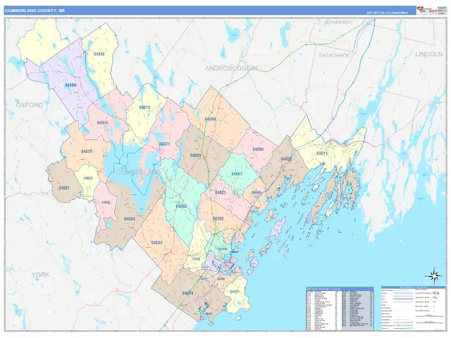 Cumberland County, ME ZIP Code Wall Map, ColorCast style