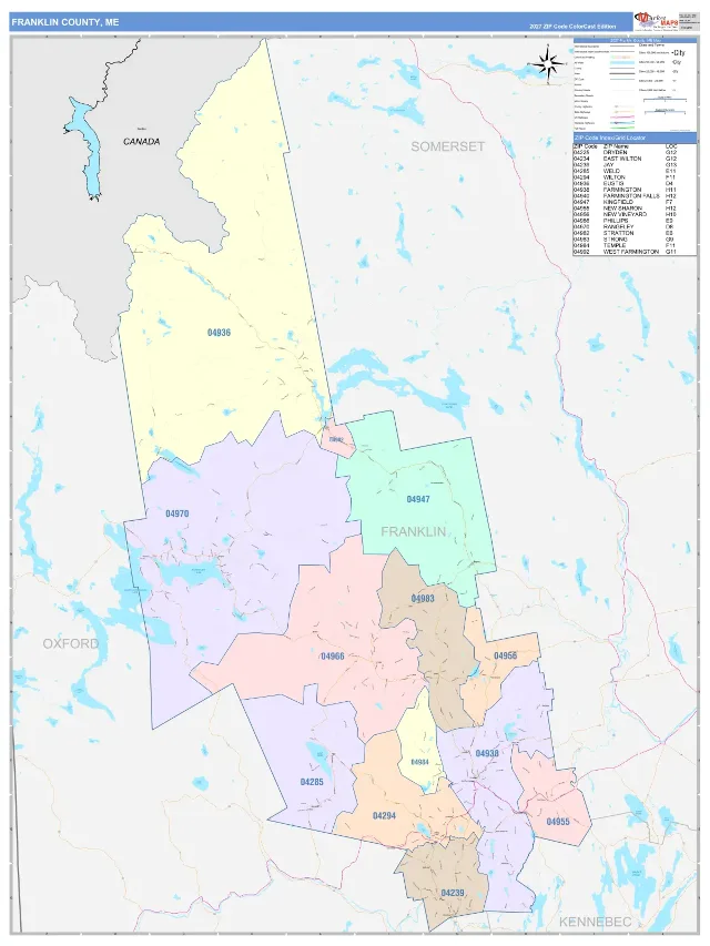 Franklin County, ME ZIP Code Wall Map, ColorCast style