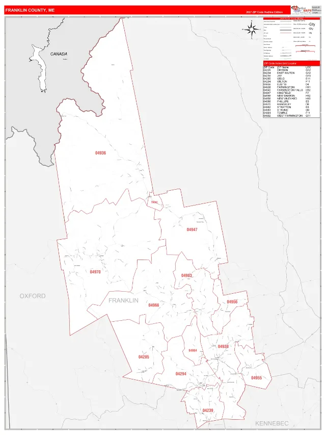 Franklin County, ME ZIP Code Wall Map, RedLine style