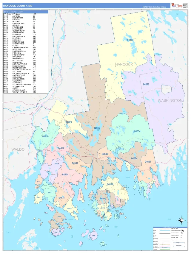 Hancock County, ME ZIP Code Wall Map, ColorCast style