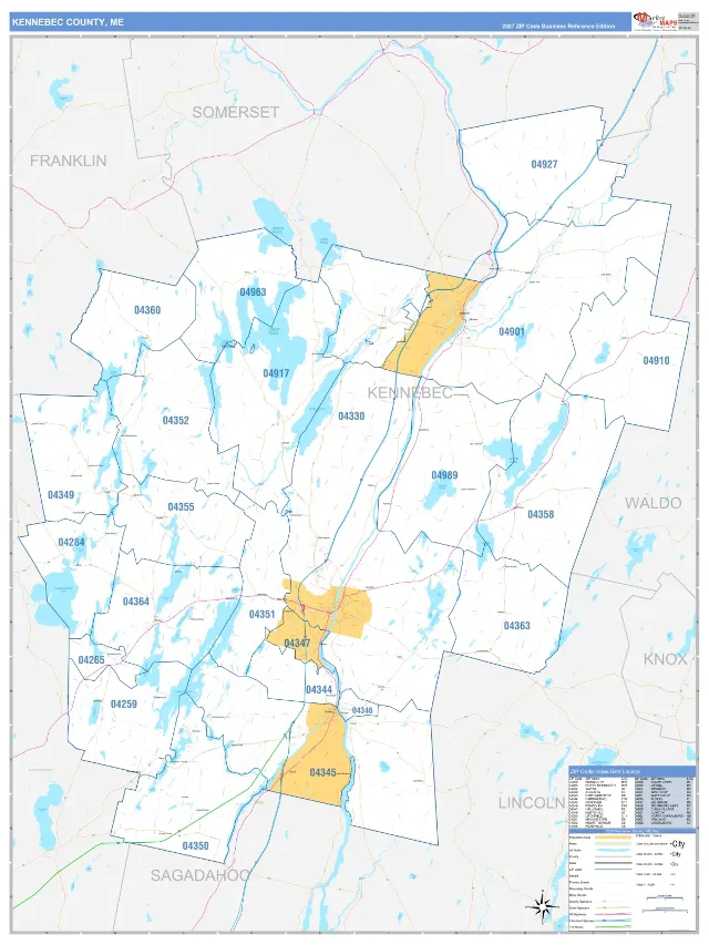 Kennebec County, ME ZIP Code Wall Map, Business Reference style