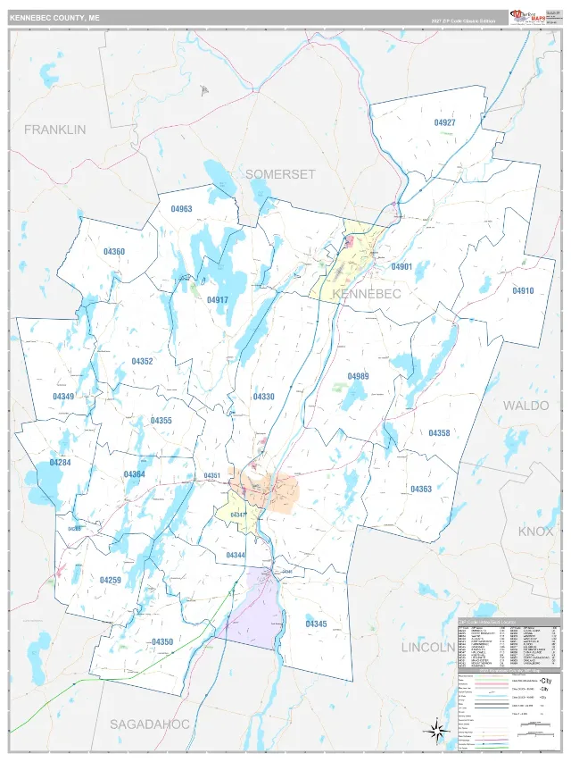 Kennebec County, ME ZIP Code Wall Map, Classic style