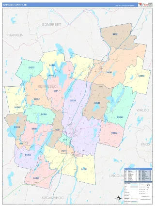 Kennebec County, ME ColorCast style ZIP Code wall map