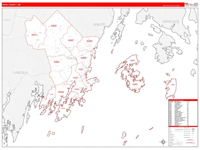 Knox County, ME ZIP Code Wall Map, RedLine style