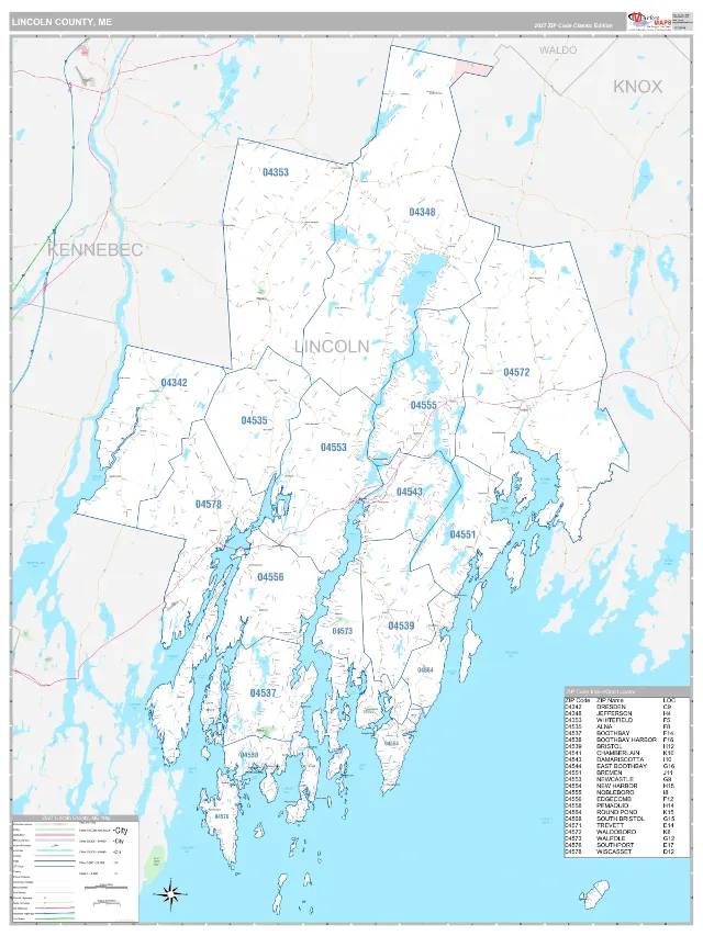 Lincoln County, ME ZIP Code Wall Map, Classic style
