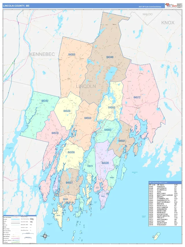 Lincoln County, ME ZIP Code Wall Map, ColorCast style
