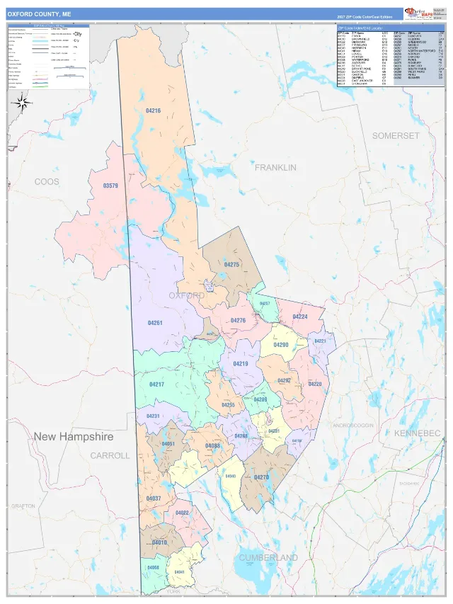 Oxford County, ME ZIP Code Wall Map, ColorCast style