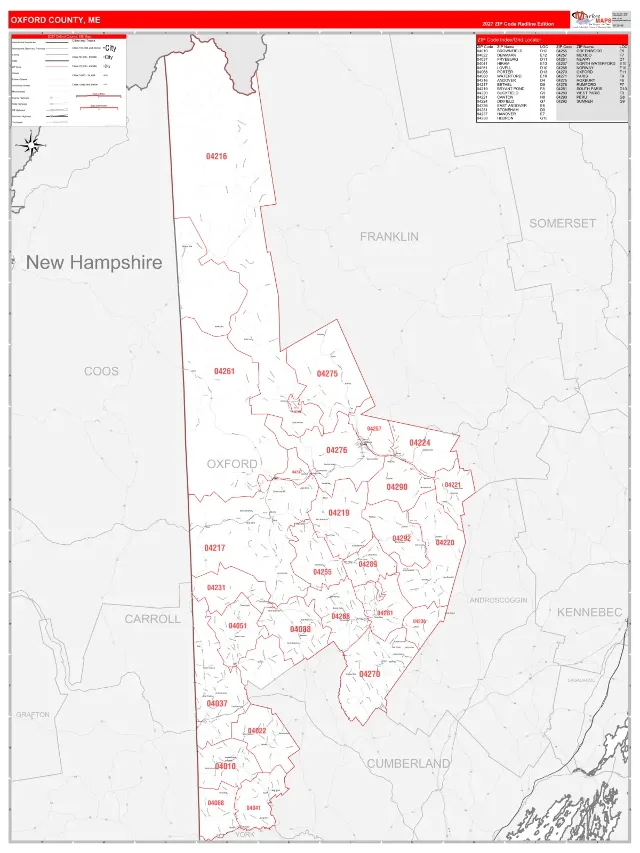 Oxford County, ME ZIP Code Wall Map, RedLine style