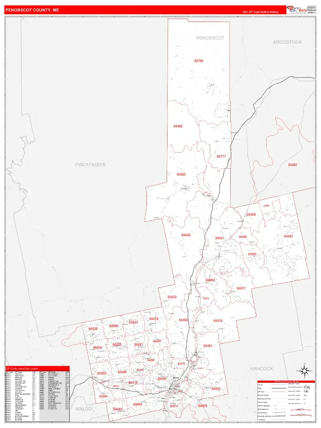 Penobscot County, ME ZIP Code Wall Map, RedLine style