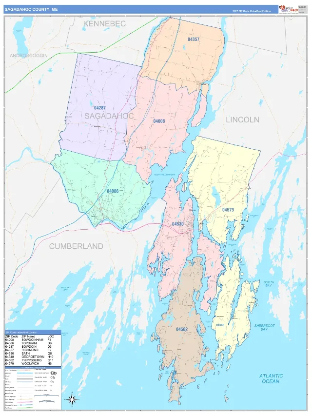 Sagadahoc County, ME ZIP Code Wall Map, ColorCast style