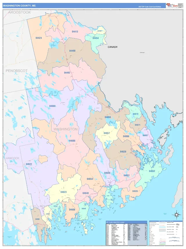 Washington County, ME ZIP Code Wall Map, ColorCast style