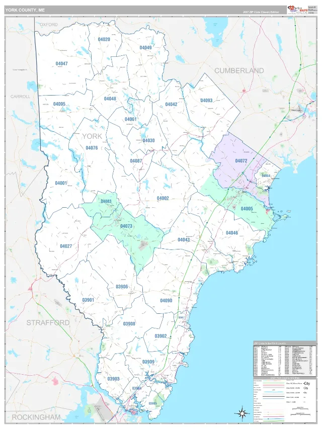 York County, ME ZIP Code Wall Map, Classic style
