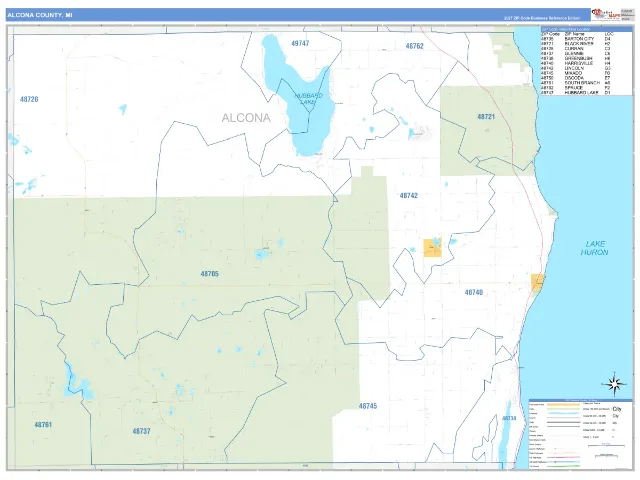 Alcona County, MI ZIP Code Wall Map, Business Reference style