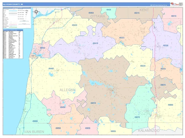 Allegan County, MI ZIP Code Wall Map, ColorCast style