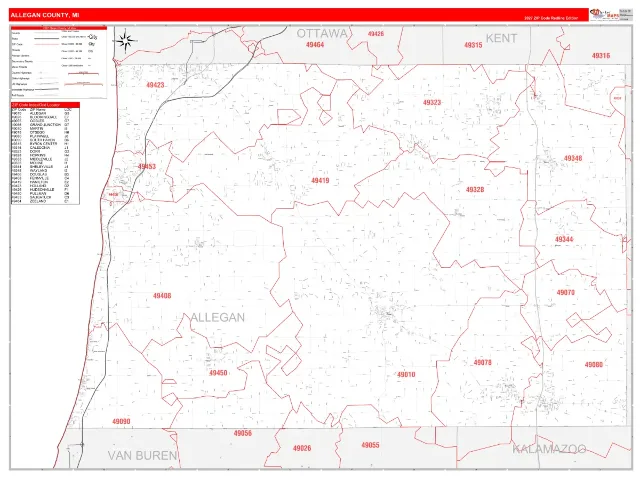 Allegan County, MI ZIP Code Wall Map, RedLine style