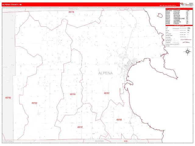 Alpena County, MI ZIP Code Wall Map, RedLine style