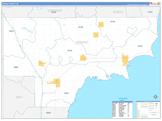 Arenac County, MI ZIP Code Wall Map, Business Reference style