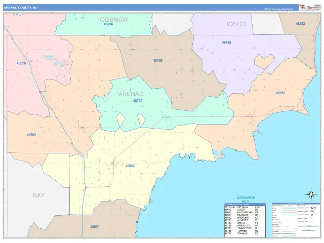 Arenac County, MI ZIP Code Wall Map, ColorCast style