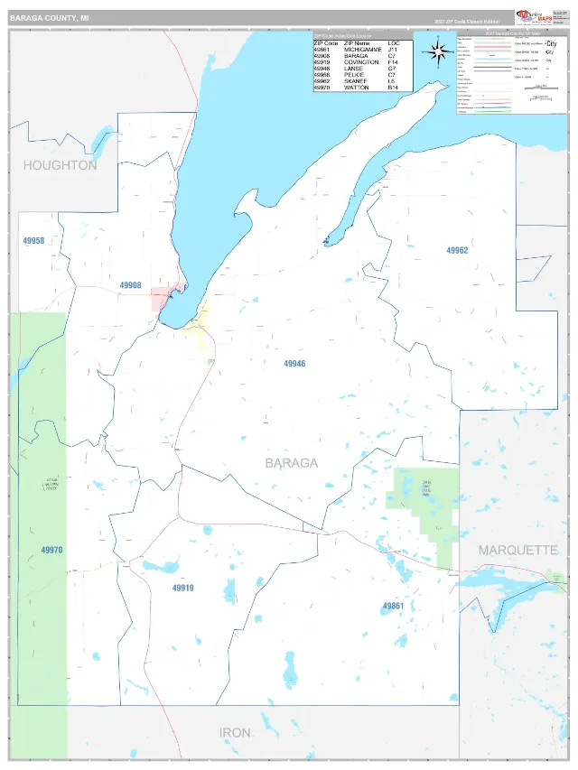 Baraga County, MI ZIP Code Wall Map, Classic style