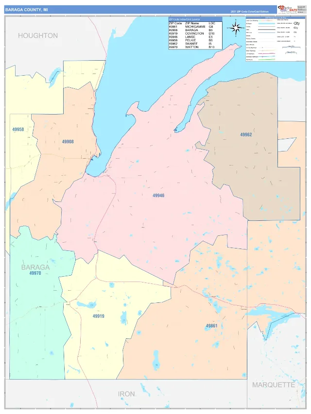 Baraga County, MI ZIP Code Wall Map, ColorCast style