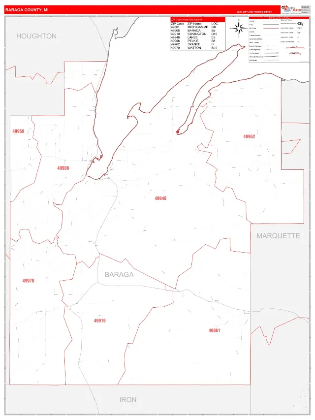 Baraga County, MI ZIP Code Wall Map, RedLine style