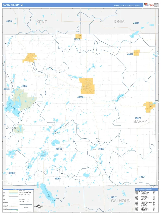Barry County, MI ZIP Code Wall Map, Business Reference style