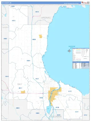 Bay County, MI Business Reference style ZIP Code wall map