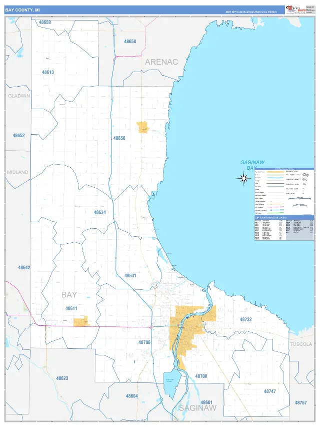 Bay County, MI ZIP Code Wall Map, Business Reference style