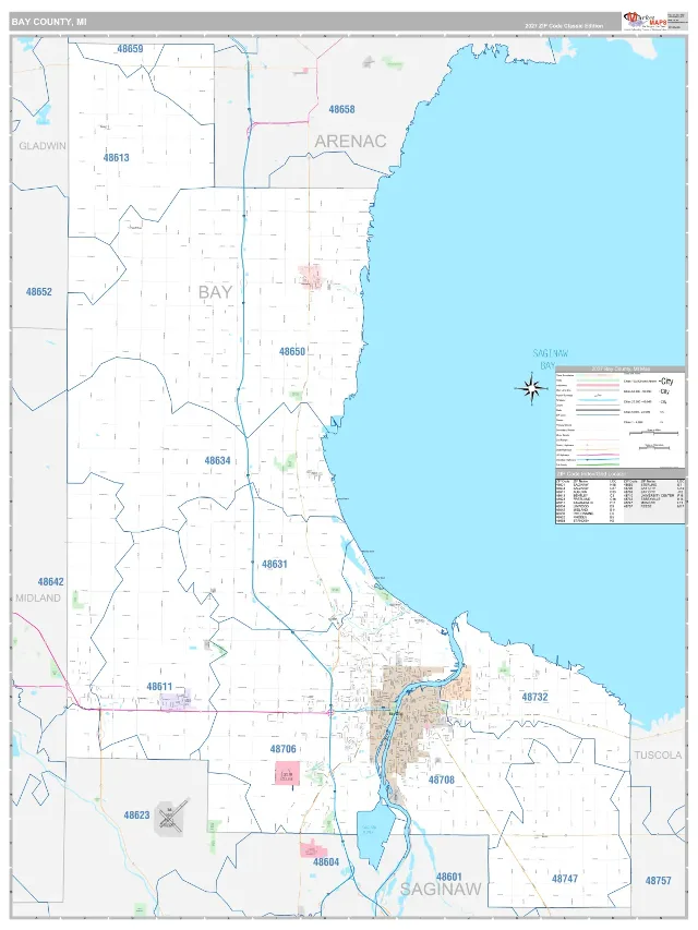 Bay County, MI ZIP Code Wall Map, Classic style