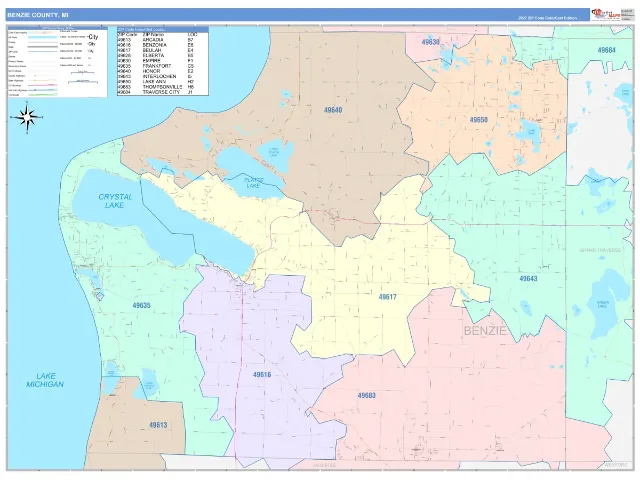 Benzie County, MI ZIP Code Wall Map, ColorCast style