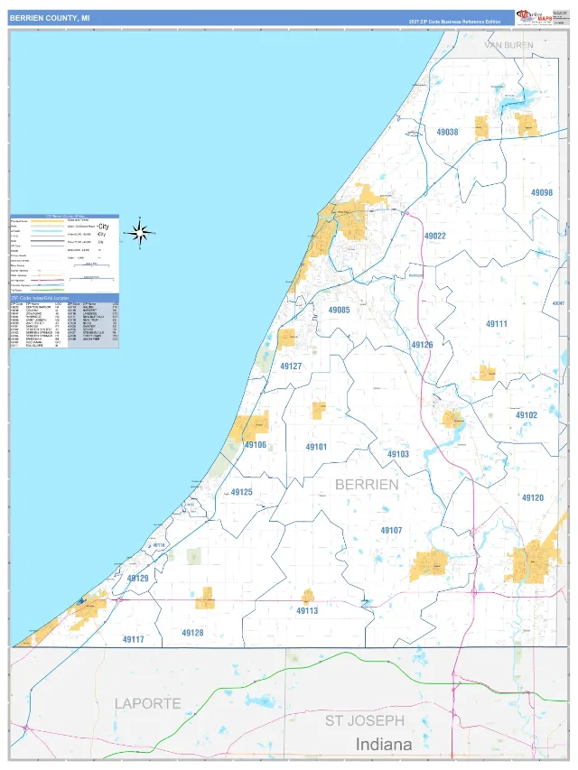 Berrien County, MI ZIP Code Wall Map, Business Reference style