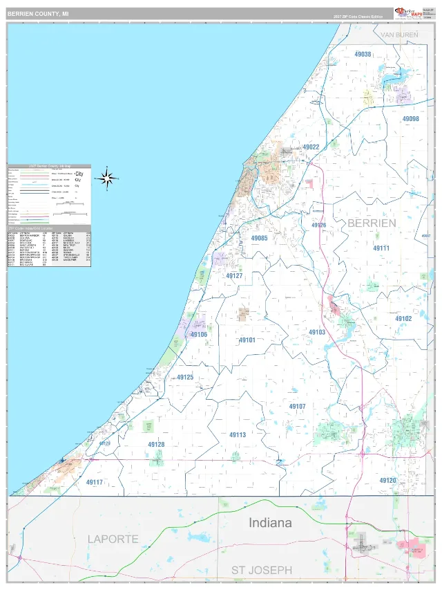 Berrien County, MI ZIP Code Wall Map, Classic style