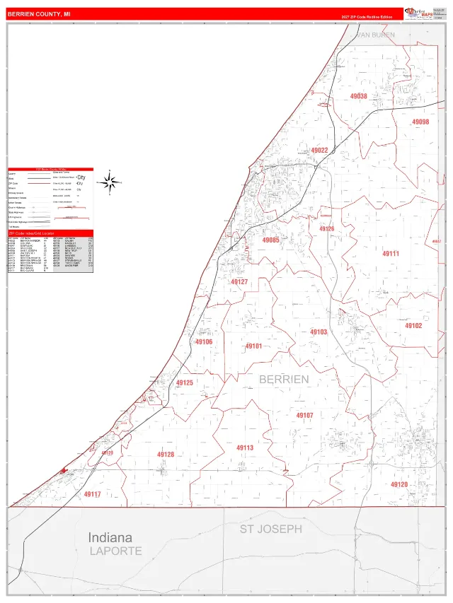 Berrien County, MI ZIP Code Wall Map, RedLine style