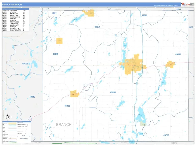 Branch County, MI ZIP Code Wall Map, Business Reference style