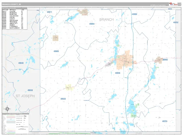 Branch County, MI ZIP Code Wall Map, Classic style