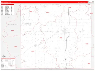 Branch County, MI RedLine style ZIP Code wall map