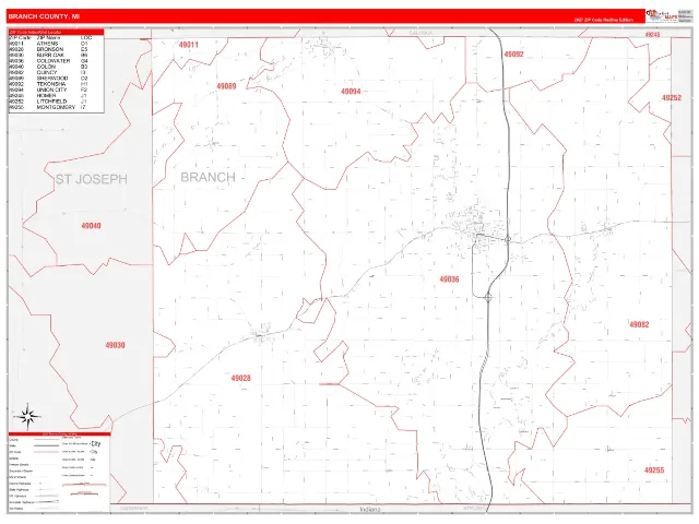 Branch County, MI ZIP Code Wall Map, RedLine style