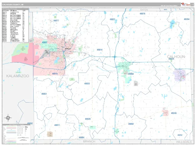Calhoun County, MI ZIP Code Wall Map, Classic style