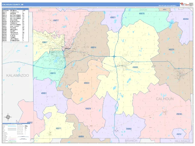 Calhoun County, MI ZIP Code Wall Map, ColorCast style