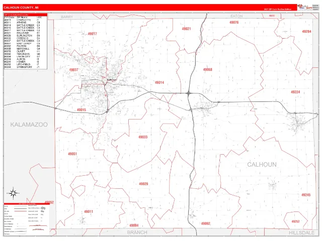 Calhoun County, MI ZIP Code Wall Map, RedLine style