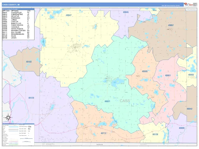 Cass County, MI ZIP Code Wall Map, ColorCast style