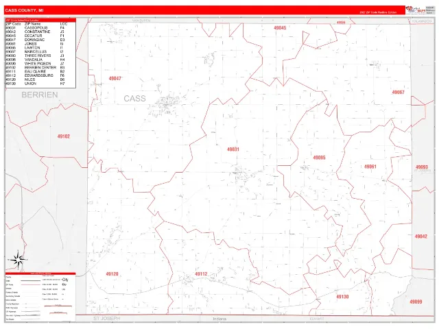 Cass County, MI ZIP Code Wall Map, RedLine style