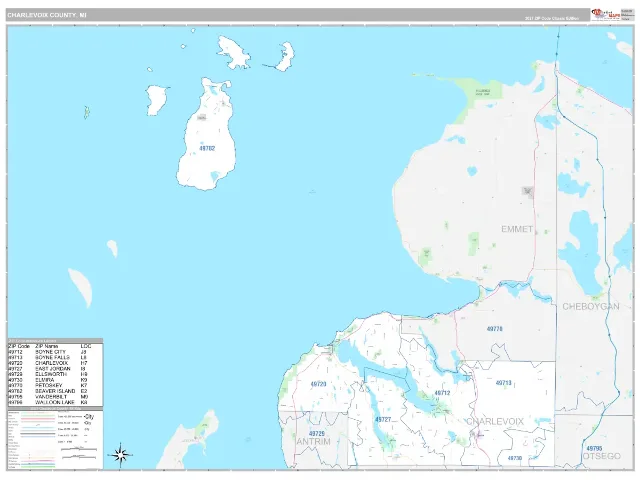 Charlevoix County, MI ZIP Code Wall Map, Classic style