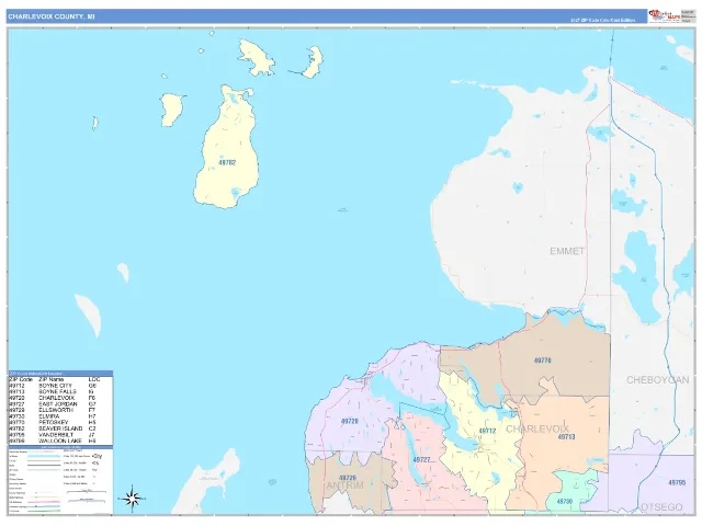 Charlevoix County, MI ZIP Code Wall Map, ColorCast style