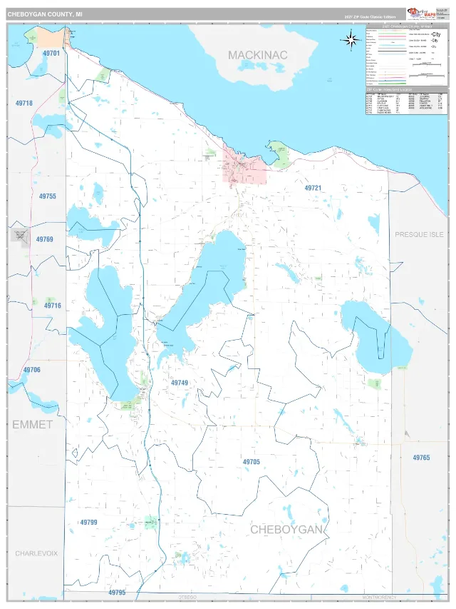 Cheboygan County, MI ZIP Code Wall Map, Classic style